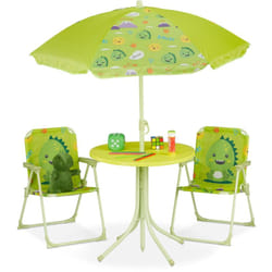 Tavolo Bambini con Ombrellone, Set con 2 Sedie, da Campeggio e Giardino, Tavolino Picnic, verde - Relaxdays