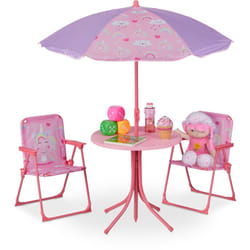 Tavolo Bambini con Ombrellone, Set con 2 Sedie, da Campeggio e Giardino, Tavolino Picnic, rosa - Relaxdays