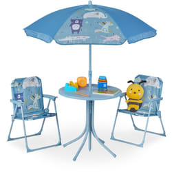 Tavolo Bambini con Ombrellone, Set con 2 Sedie, da Campeggio e Giardino, Tavolino Picnic, con animali - Relaxdays