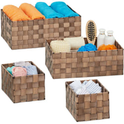 Relaxdays - Cestino Portaoggetti in Plastica, Set da 4, Intrecciato, Cesta per Bagno, Rettangolare, 3 Misure, Marrone