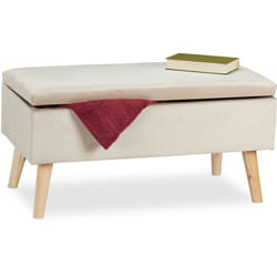 Relaxdays - Panca Contenitore, 40x41x80 cm, 40L, Seduta Imbottita, Gambe in Legno, Pouf Cassapanca, 2 Posti Comodi, Crema