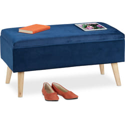 Relaxdays - Panca Contenitore, 40x41x80 cm, 40L, Seduta Imbottita, Gambe in Legno, Pouf Cassapanca, 2 Posti, Blu Scuro