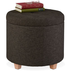 Pouf Contenitore Rotondo, Sgabello Imbottito, Poggiapiedi Salotto, Effetto Lino, HxD: 41 x 44 cm, marrone - Relaxdays