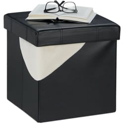 Pouf Contenitore Pieghevole, Puff Imbottito & Rivestito in Pelle Finta, 40 l, Sgabello Poggiapiedi, Nero - Relaxdays