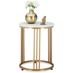 Tavolino da Salotto, Tavolo da Divano Rotondo, Rotondo, in Ferro e mdf in Aspetto Marmorizzato, Bianco Oro - Relaxdays