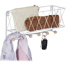 Portachiavi da Muro con Mensola, Accessorio 2in1, Metallo & Legno, Ganci Appendiabiti e Contenitore, Bianco - Relaxdays