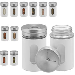 Relaxdays - Portaspezie, Set da 12 Barattoli, 3 Aperture Diverse, Coperchio Forato, Vetro, Acciaio, Plastica, 90ml, Bianco