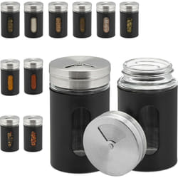 Relaxdays - Portaspezie, Set da 12 Barattoli, 3 Aperture Diverse, Coperchio Forato, Vetro, Acciaio e Plastica, 90 ml, Nero