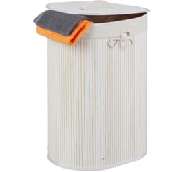 Cesto Portabiancheria in Bambù, Ovale, 46 l, Pieghevole, Cesta con Coperchio, Bagno 55x42x32 cm, bianco - Relaxdays