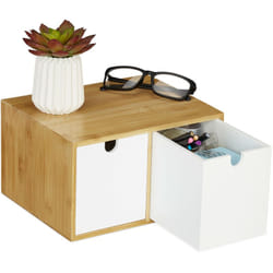 Relaxdays - Portaoggetti da Scrivania in Bambù, 14,5 x 24,5 x 20 cm, 2 Cassetti, Organizzatore da Ufficio & Studio, Bianco