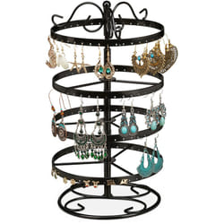 Relaxdays Porta Orecchini, Stand Portagioie con 168 per Pendenti in Ferro, Portagioielli Girevole Salvaspazio, Nero