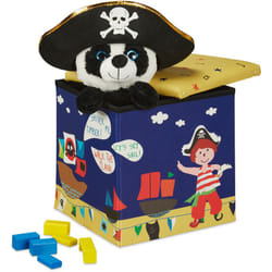 Relaxdays - Bianco Pouf Contenitore, Porta Giochi per Bambini, Sgabello, Design-Pirati Poggiapiedi, 31x31x31 cm, Blu-Giallo