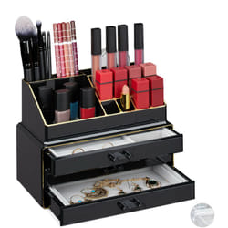 Porta Trucchi, Organizer per Make Up, 2 Parti, con Portagioielli, 3 Cassetti,Plastica,18,5x23,5x15 cm,Nero/Oro - Relaxdays