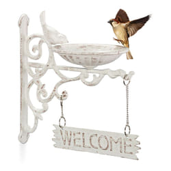 Relaxdays - Abbeveratoio per Uccelli in Ghisa, Targhetta "welcome", Decorazione da Giardino, Montaggio a Parete, Bianco