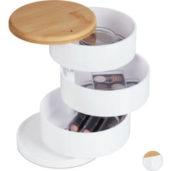 Porta Trucchi, Organizer Make-up Girevole su 3 Livelli, Porta Cosmetici & Gioielli, Bambù, Plastica, Bianco - Relaxdays