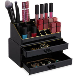 Portatrucchi, 2 Organizer Combinabili, Portaoggetti per Cosmetici con Cassetti, Multiuso, Versatile, Nero/Oro - Relaxdays