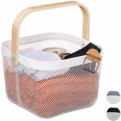 Relaxdays Cestino Portaoggetti, con Manico, Decorativo, in Acciaio e Legno, Cesto, HxLxP: 17,5 x 26 x 24,5 cm, Grigio, Bianco ...