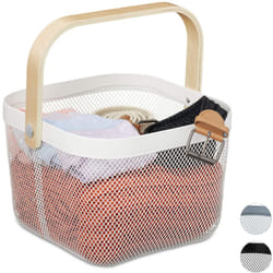 Relaxdays - Cestino Portaoggetti, con Manico, Decorativo, in Acciaio e Legno, Cesto, HxLxP: 17,5 x 26 x 24,5 cm, Grigio, Bianco, 1 pz