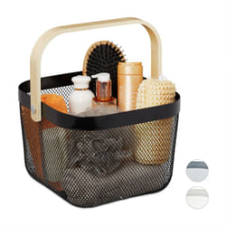 Relaxdays - Cestino Portaoggetti, con Manico, Decorativo, in Acciaio e Legno, Cesto, HxLxP: 17,5 x 26 x 24,5 cm, Nero