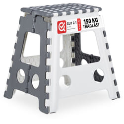 Relaxdays Sgabello Pieghevole XL, Sgabellino con Gradino e Manico fino a 120 kg Plastica, 39,5x38,5x32 cm, Grigio/Bianco