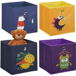Relaxdays - Set da 4 Contenitori per Giochi dei Bambini, Scatole Portagiochi con Animali e Mostri, 30x30x30 cm, Colorato