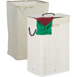 Relaxdays - Cesto Portabiancheria in Bambù, Pieghevole con Coperchio, 80 Litri, Rettangolare 2 Sacchi, 66x44x34cm, Bianco
