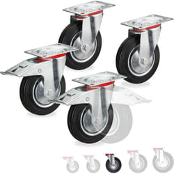 Ruote Girevoli, Set da 4 Rotelle Piroettanti a 360° con Cuscinetti a Sfera, 2 Freni, Resistenti, D:125mm, nere - Relaxdays