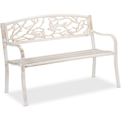 Panca da Giardino, con Volatili Decorativi, Accessorio di Arredo da Esterno, 87x127x57 cm, Bianco-Bronzo - Relaxdays