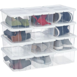 Relaxdays - Set da 12 Scatole di Plastica per Scarpe, Box Trasparenti Impilabili con Coperchio hlp 12,5x20x34,5cm, Bianche