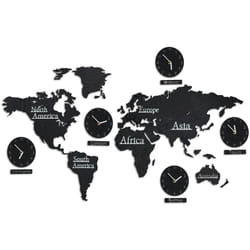 Relaxdays - Orologio Mappamondo da Parete in Legno, 5 Orari, 10 Città, Modello Cartina 3D, HxL: 61 x 113cm, nero