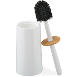 Relaxdays - Scopino da Bagno, Porta Spazzolone in Bambù e Plastica, Scovolino per Water con Coperchio, bianco