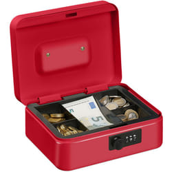 Relaxdays Cassetta con Combinazione, 3 Cifre, Porta Soldi, Valigetta in Ferro, Portavalori, 8,5x20x17 cm, rosso