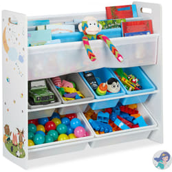 Scaffale Porta Giochi, con 6 Box e 4 Scomparti di Stoffa, Immagine Falò, hlp: 78 x 86 x 26,5 cm, Colorato - Relaxdays
