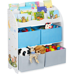 Relaxdays - Scaffale Portagiochi, 4 Box, Motivi Falò, Giocattoli, Libri, Scaffale Cameretta Bimbi, 98x82,5x30 cm, Colorata