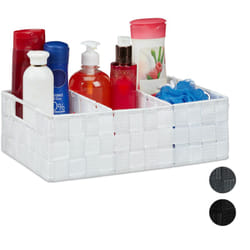 Cestino Portaoggetti con Scomparti, per i Cosmetici da Bagno, con Impugnature HxLxP: 10 x 32 x 21 cm, Bianco - Relaxdays