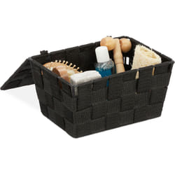 Relaxdays - Cestino con Coperchio, Portaoggetti da Bagno, pp Intrecciato, hlp 10,5x19,5x14,5 cm, Nero