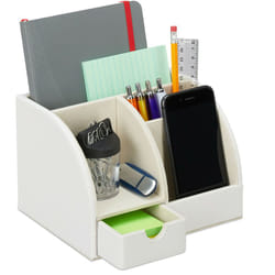 Relaxdays - Portaoggetti da Scrivania, Similpelle, Organizer Ufficio & Studio, 4 Scomparti, Portapenne,13x19x15 cm, bianco
