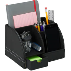 Relaxdays - Portaoggetti da Scrivania, Similpelle, Organizer Ufficio & Studio, 4 Scomparti, Portapenne, 13x19x15 cm, nero