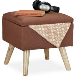 Sgabello con Contenitore, Rivestimento in Lino Sintetico, Gambe in Legno e Coperchio, hlp 40x40x40 cm, Marrone - Relaxdays