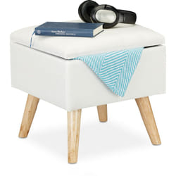 Sgabello con Contenitore, Rivestimento in Lino Sintetico, Gambe in Legno e Coperchio, hlp: 40x40x40 cm, Bianco - Relaxdays