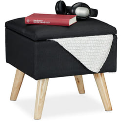 Sgabello con Contenitore, Rivestimento in Lino Sintetico, Gambe in Legno e Coperchio, hlp: 40x40x40 cm, Nero - Relaxdays