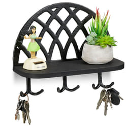 Relaxdays Mensola Portachiavi, Ripiani e Ganci, Design Vintage, in Ghisa e Legno, da Parete, HxLxP: 23x27x12 cm, Nero