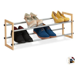Scarpiera da Ingresso, Portascarpe Aperto, su 2 Livelli, Legno e Metallo, Allungabile L.118 cm, Marrone Chiaro - Relaxdays