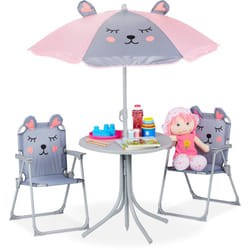 Tavolo Bambini con Ombrellone, Set con 2 Sedie, da Campeggio e Giardino, Tavolino Picnic, Giochi, Casa, grigio - Relaxdays
