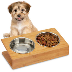 Relaxdays - Ciotola Rialzata, Gatti & Piccoli Cani, Acqua & Mangime, Supporto Alzatina con Pendenza, 10x33,5x18, naturale
