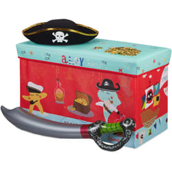 Pouf per Bambini, Sgabello Contenitore per Giocattoli, Pieghevole, Bimbi e Bimbe, Salvaspazio, Pirati, Rosso - Relaxdays