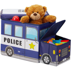Relaxdays - Sgabello Bambini Contenitore Giocattoli con Scomparto, Pieghevole, Furgone della Polizia 50 l, Blu Scuro