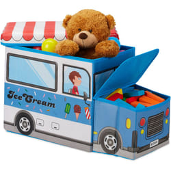 Relaxdays Sgabello Bambini Contenitore Giocattoli con Scomparto, Pieghevole & Salvaspazio, Camioncino Gelato, 50 l, Blu