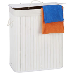 Cesto Portabiancheria Rettangolare con Coperchio, 95 l, Organizer con 2 scomparti, Pieghevole, Bambù, Bianco - Relaxdays