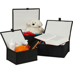 Relaxdays - Set da 3 Cesti Portaoggetti, Coperchio & Chiusura a Strappo, Cestino Contenitore in Bambù, nera
